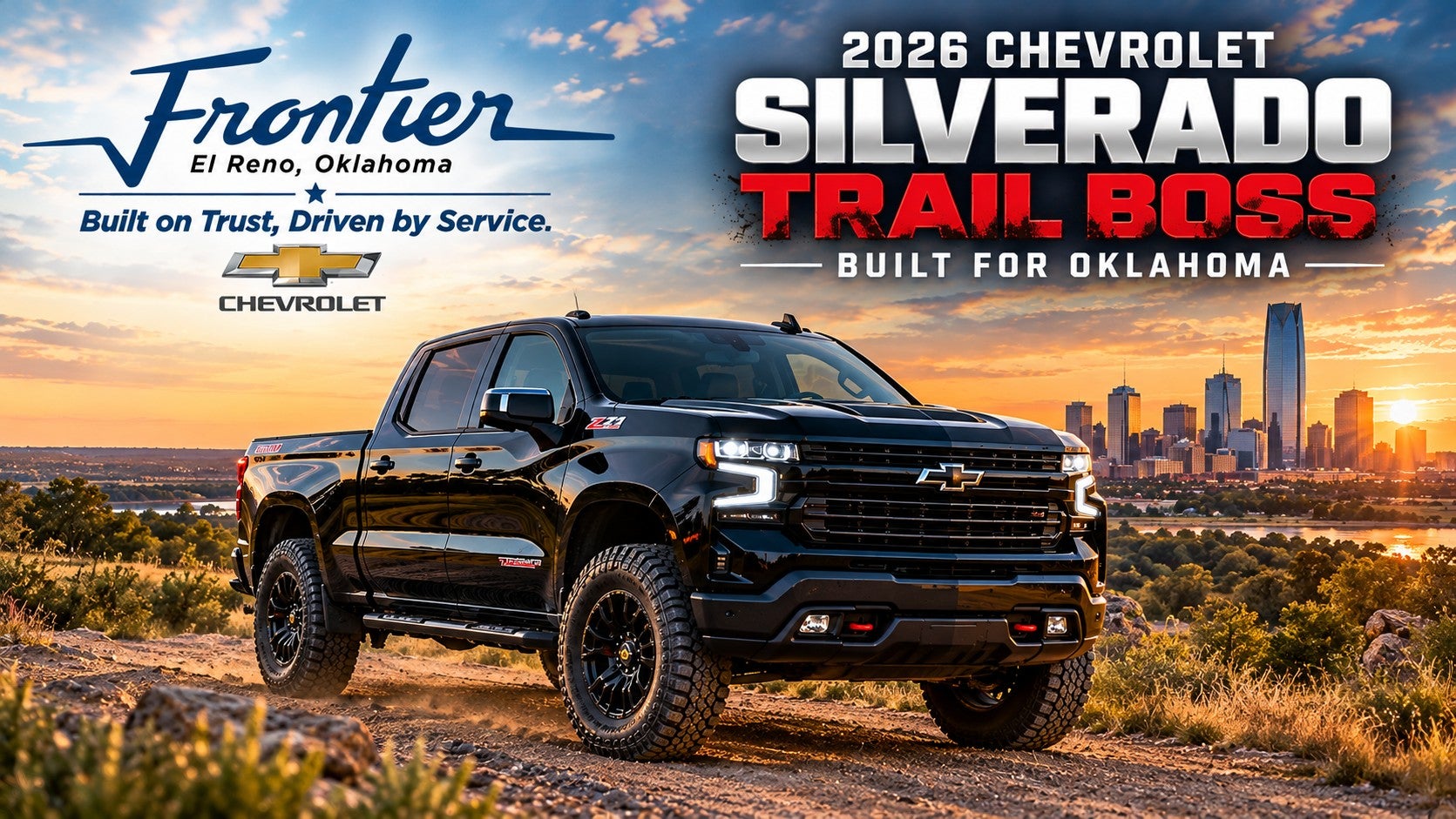 2026 Chevrolet Silverado Trail Boss on an Oklahoma country road with the Oklahoma City skyline near Frontier Chevrolet in El Reno
