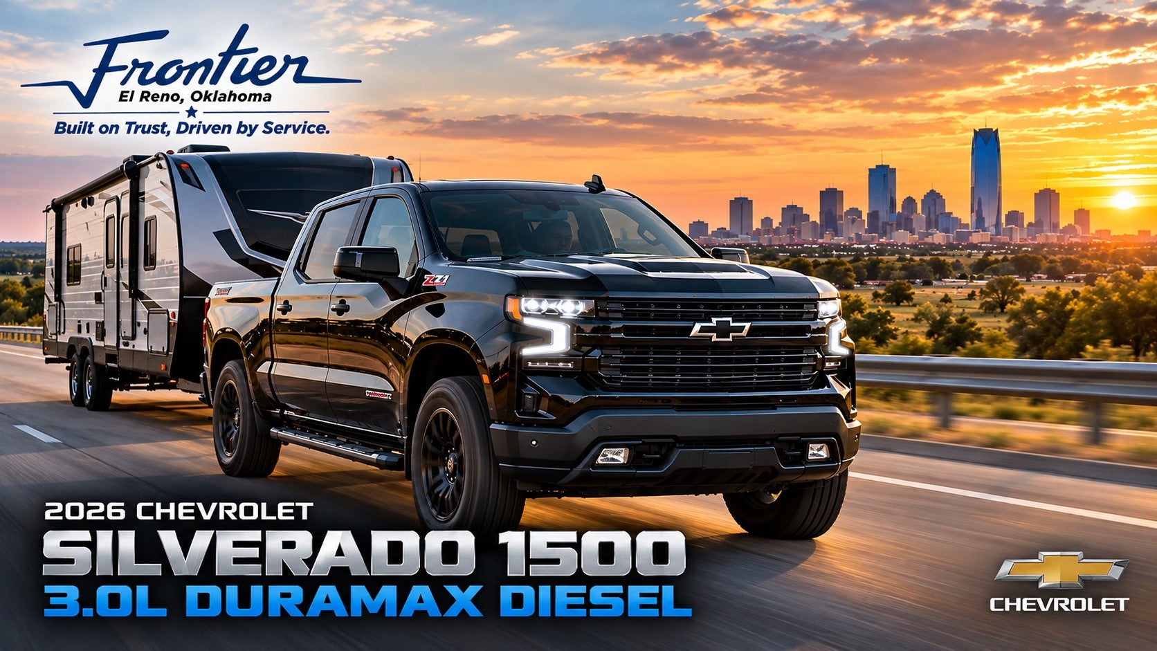 2026 Chevrolet Silverado 1500 with 3.0L Duramax diesel towing a travel trailer near Oklahoma City from Frontier Chevrolet in El Reno