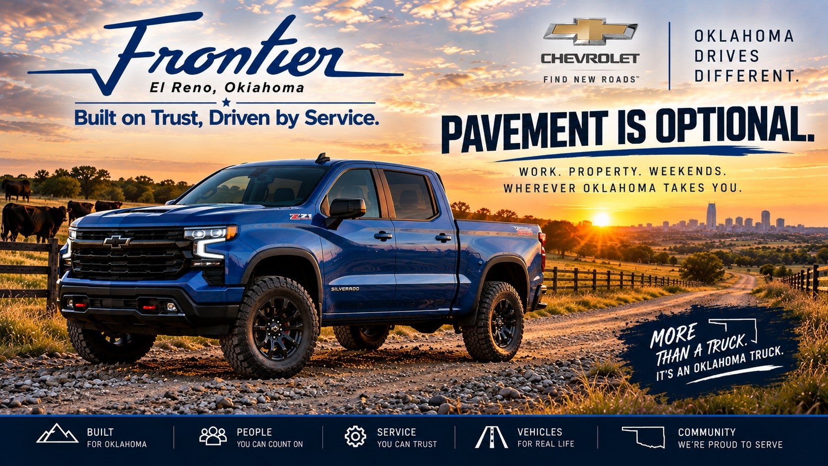Blue 2026 Chevrolet Silverado 1500 Custom Trail Boss on an Oklahoma landscape near El Reno