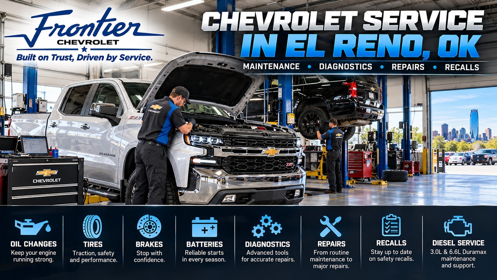 Chevrolet service at Frontier Chevrolet in El Reno, Oklahoma, including oil changes, tires, brakes, diagnostics, repairs, recalls and Duramax diesel service